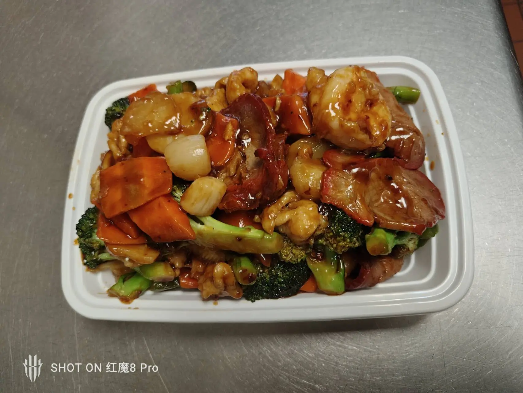Mixed stir-fry with shrimp, roast pork and vegetables at New Panda Restaurant, a Chinese Restaurant in Garner